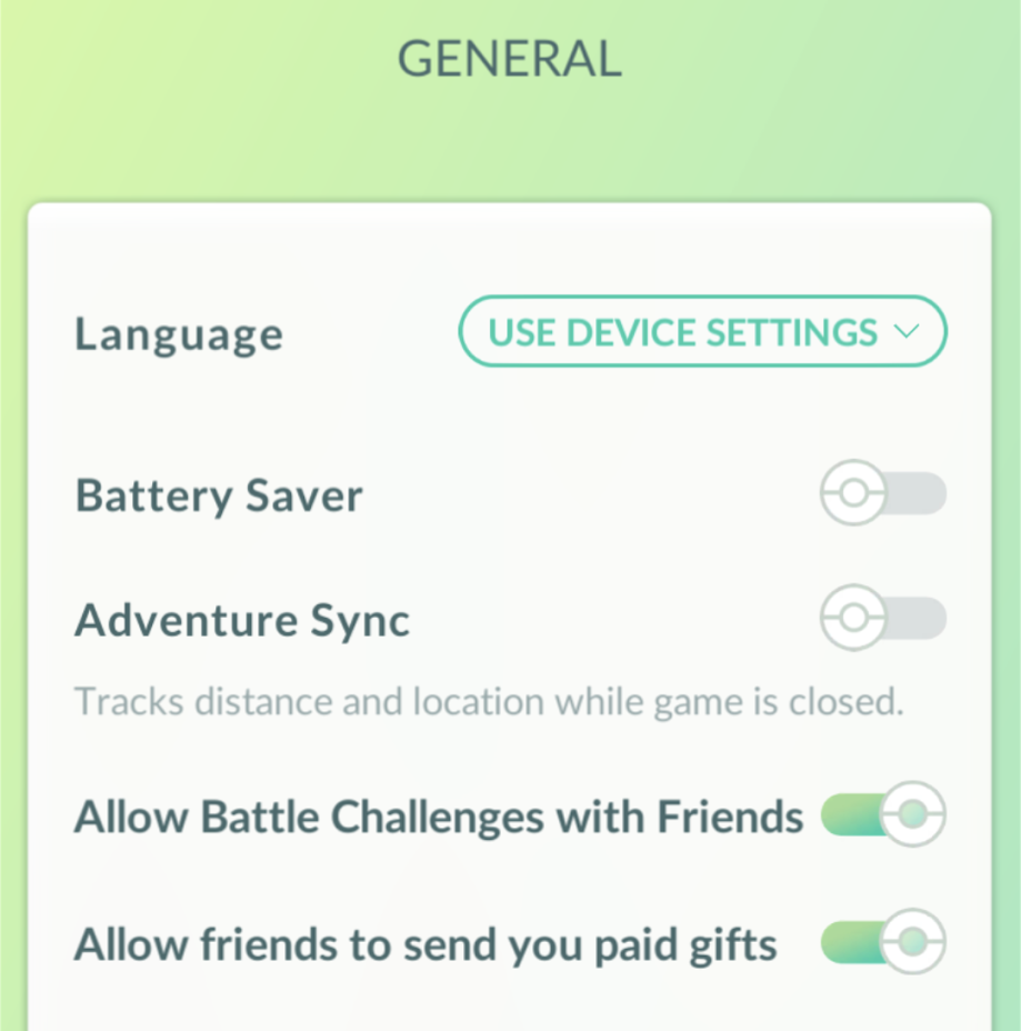 Screenshot from Pokemon Go App showing the block gifts toggle